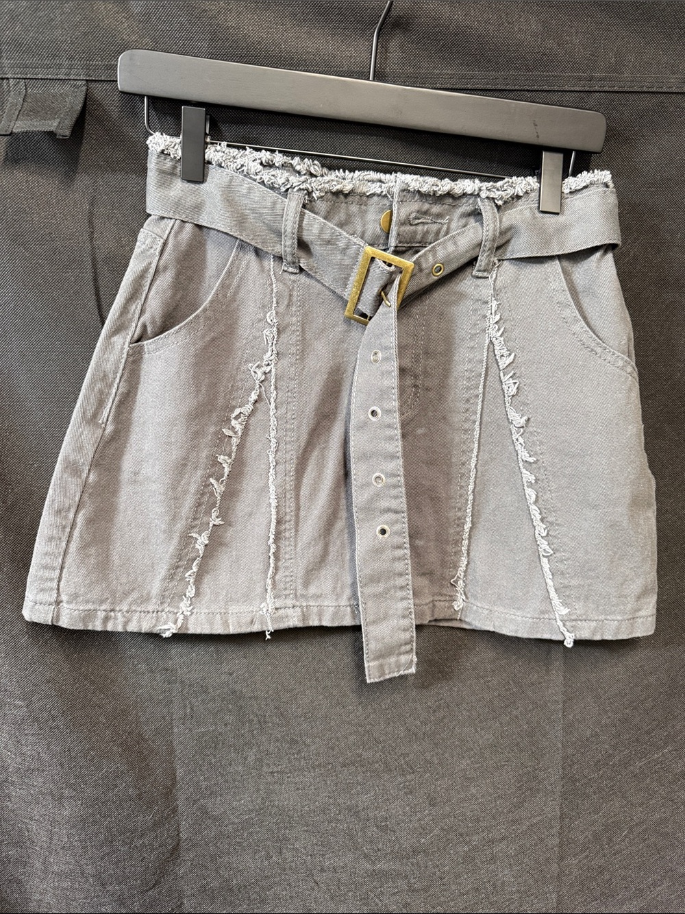 Frayed Edge Denim Mini Skirt with Belt - Light Gray